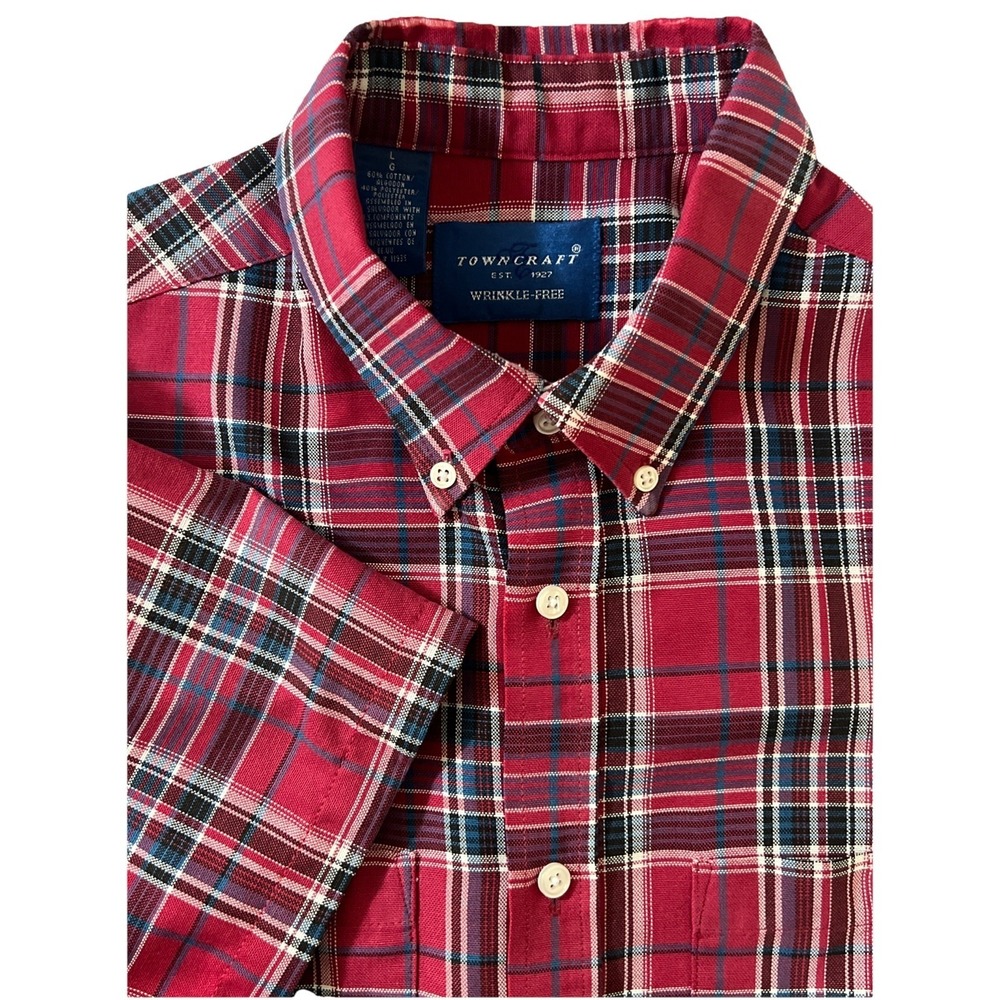 Vintage Towncraft Shirt Mens Large Red Plaid Wrinkle Free Casual Button Up